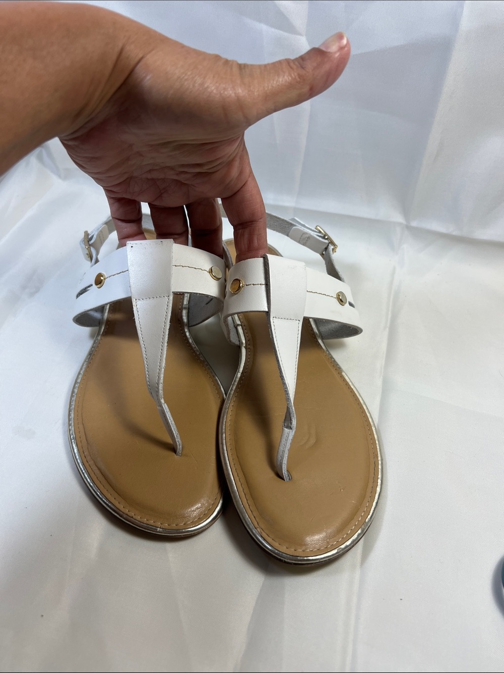 Women's White T-Strap Leather Sandals with Gold Accents